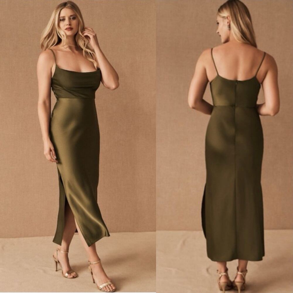 Anthro BHLDN Cali Satin Cowl-Neck Midi Slip Dress Size 0 Olive Green Bridesmaids